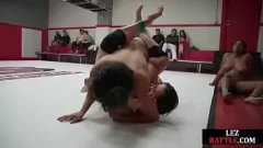 play Busty lesbians in a kinky strapon wrestling battle with big tits and tattoos